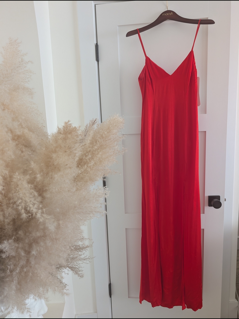 Wyatt Flame Car Wash Slit Gown Red Slip Maxi Dress with Spaghetti Straps